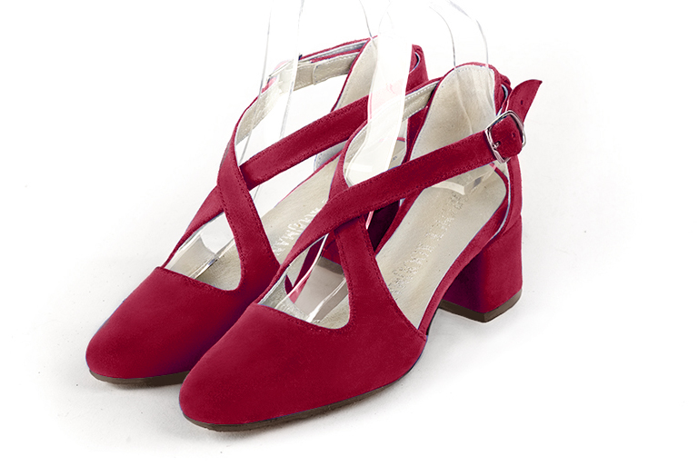 Women's cardinal red elegant closed-back heels, with crossed straps. .  - Front view